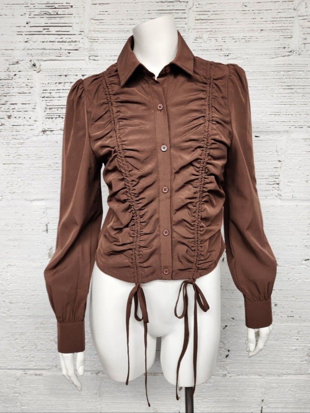 Milk & Honey Size S Chocolate Brown Ruched Front Button Down Blouse/Top